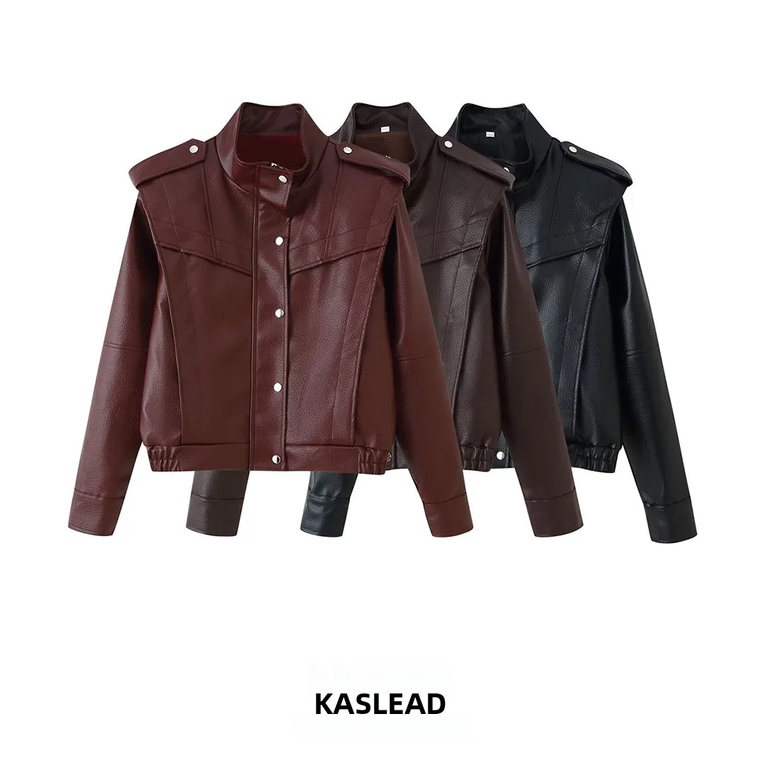 KASLEAD New Women's High-End Tri-Color Litchi-Skin Stand-Collar Leather Jacket Long Sleeve Short Length Polyester Fiber