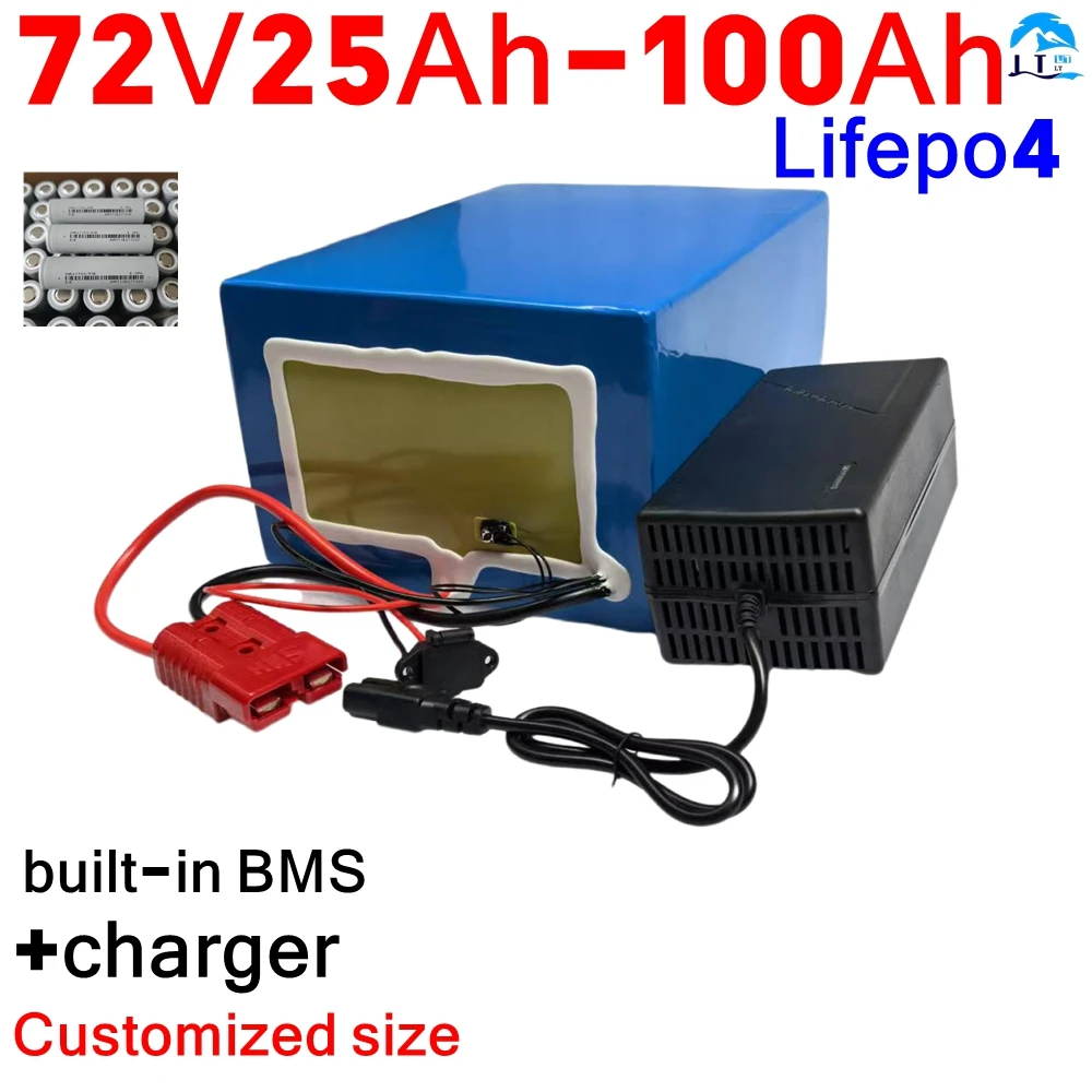 

LT-Batterie au lithium Lifepo4 avec charger, 72V, 50Ah, 60Ah, 40Ah, 100Ah, 80Ah, BMS pour scooter, vélo électrique, moto, 3000W