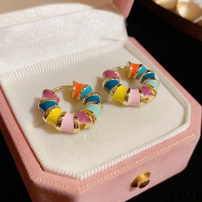 Vintage Colorful Enamel Small Hoop Earrings for Women Luxury Delicate Rainbow Oil-drop Glaze Earrings Wedding Party Jewelry Gift