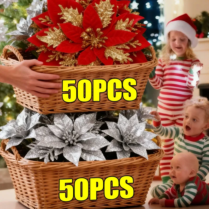 

50/10x Large Artificial Sparking Glitter Christmas Flowers DIY Xmas Tree Floral Ornaments Red Poinsettia Flower for Party Decora