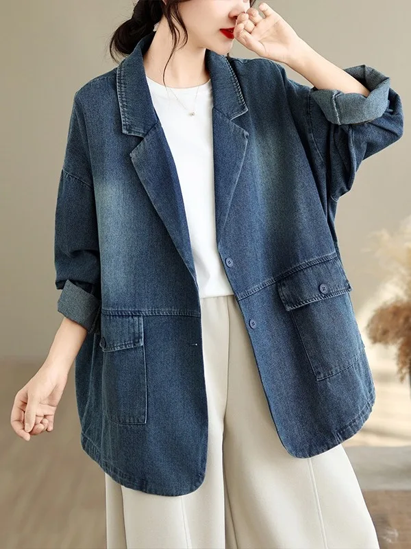 Retro Artistic Washed Denim Suit Jacket Large Size Women's Mid-Length Loose Casual Open Cardigan Autumn Winter Fashion