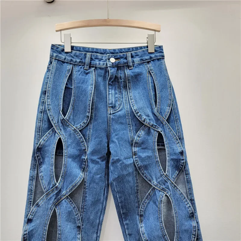 American Retro Blule Straight Pants Female 2024 Spring Summer Thin Broken Holes High Waisted Jeans Streetwear Women