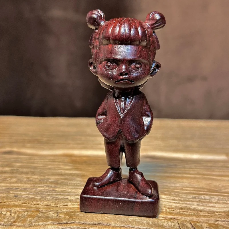 Ebony Carving Third Prince Solid Wood Cartoon Nezha Demon Child Figure Craft Car Desktop Ornament
