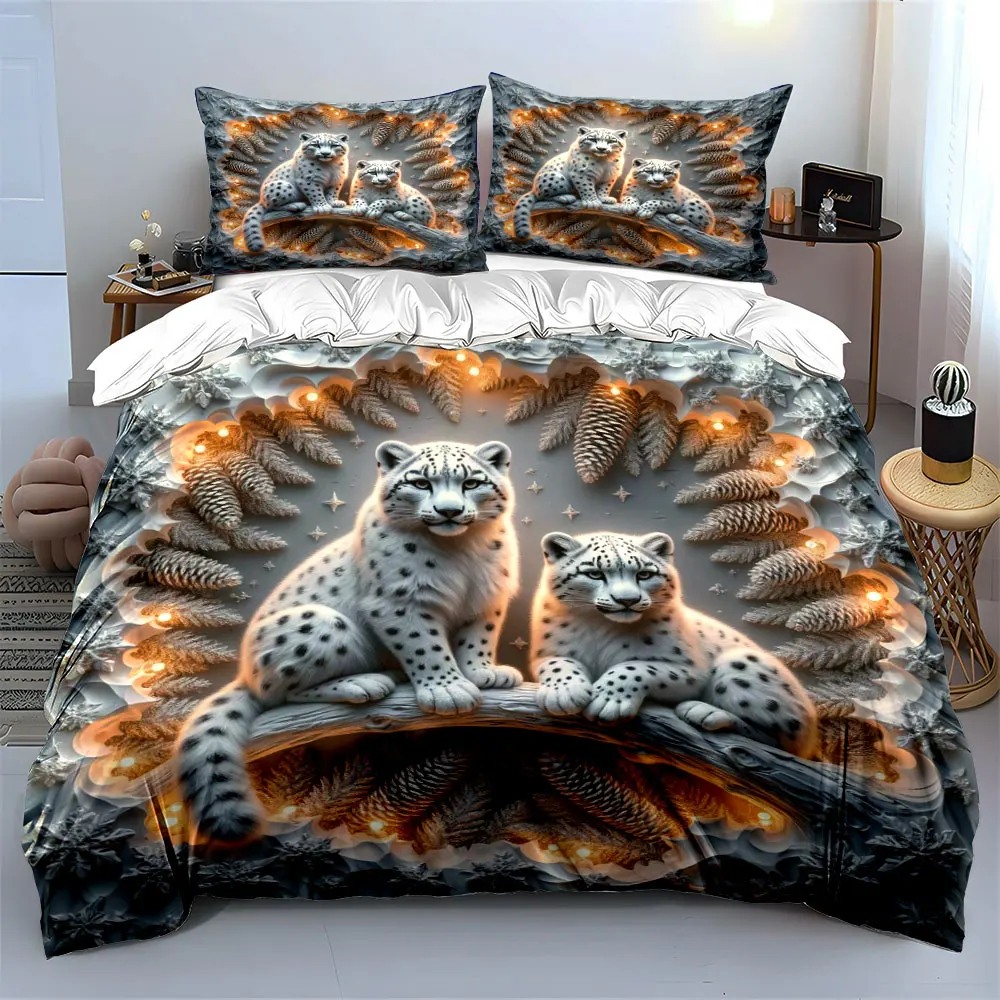 3D Paper Carving Two Snow Leopards Winter Pine Bedding Set 3pcs, White Relief Animal Print 1 Duvet Cover And 2 Pillowcase, Gift