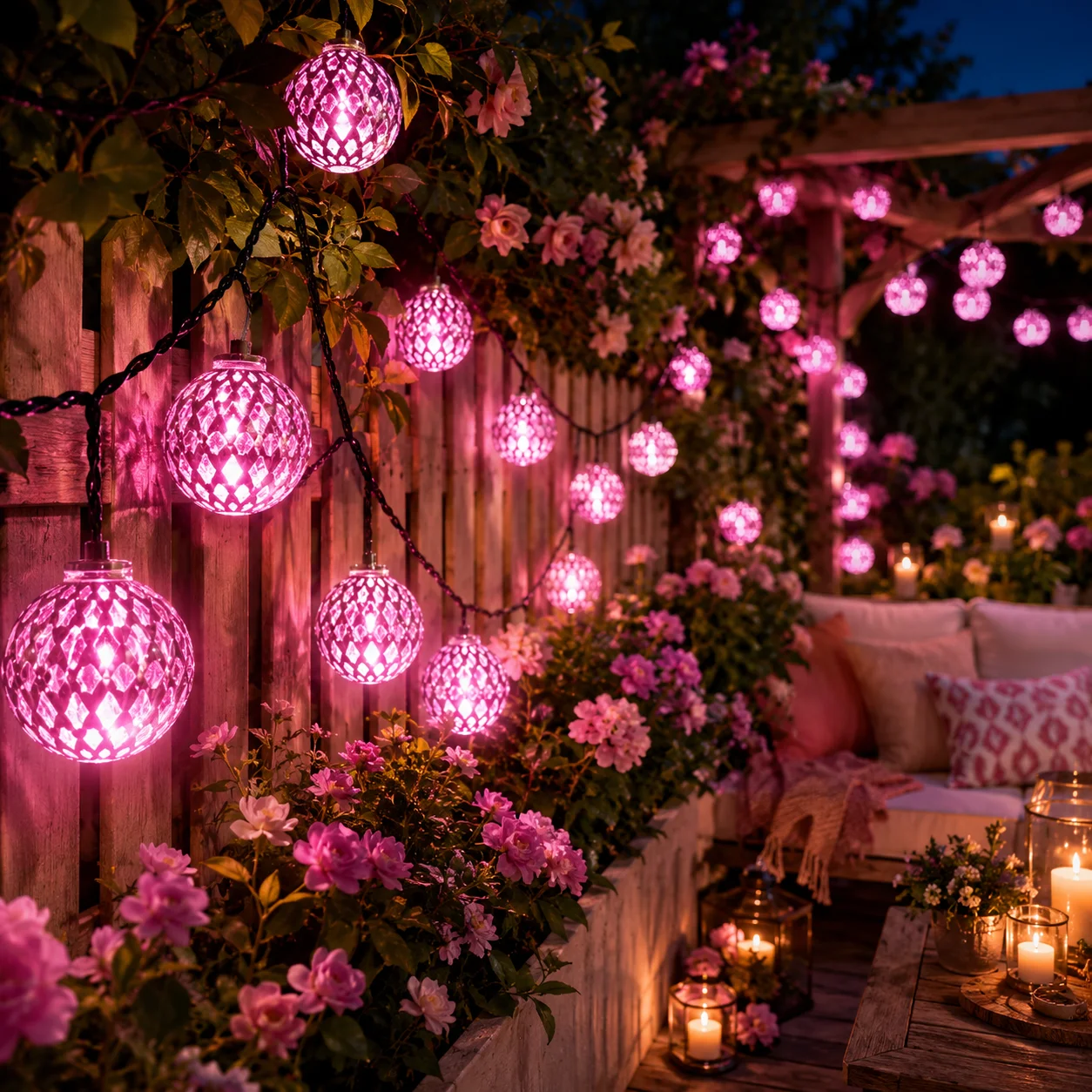Moroccan Ball Lights 2PCS Solar Pink 5M/20LED 6M/30LED 8 Modes Auto On for Garden Patio Balcony Party Christmas Decor