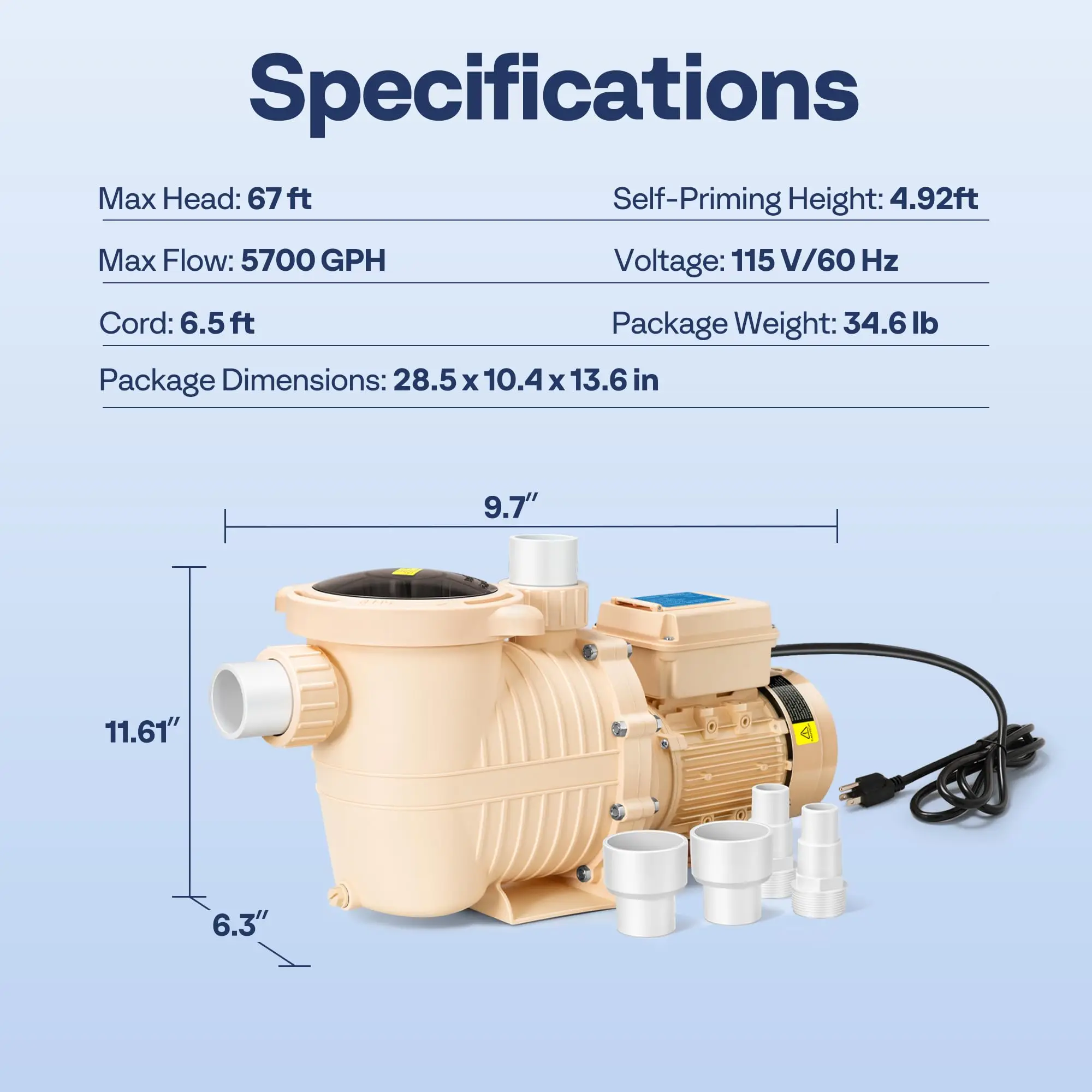 2.0HP 115V Variable Speed Pool Pump, Self-Priming Energy Saving 1.5