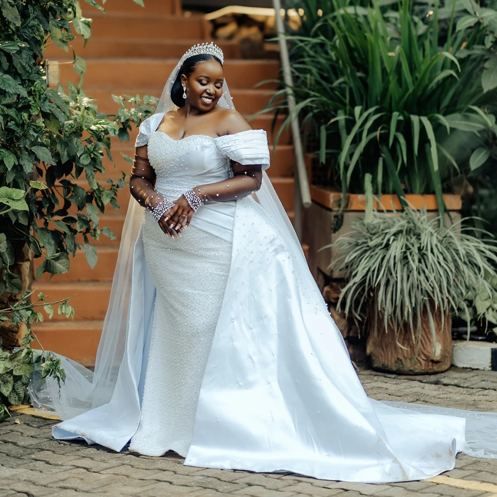 

Off Shoulder Luxury Wedding Dresses Sweetheart Detachable Train Corset Sweetheart Beaded Mermaid vestidos de novia Customized