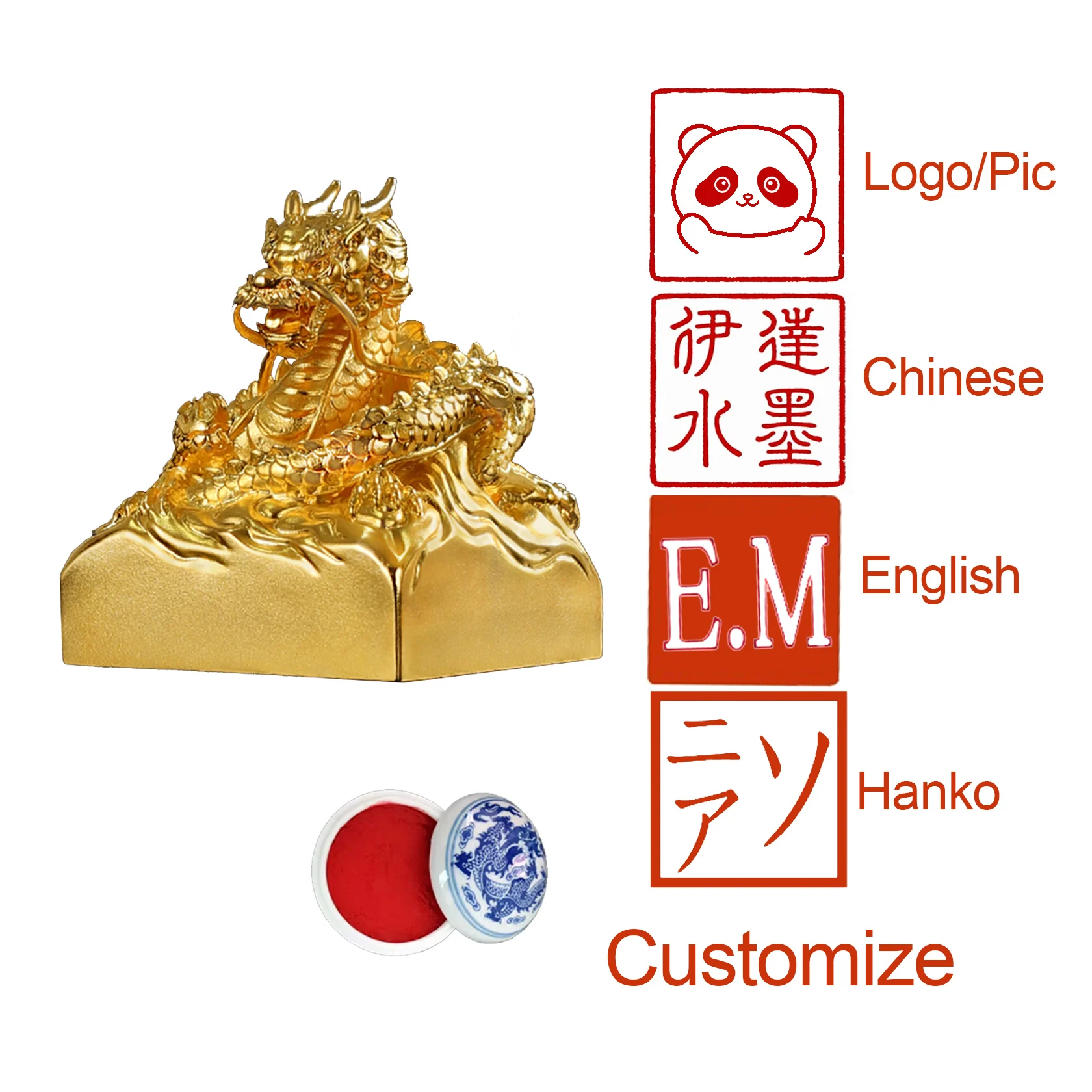 

Gold Brass Jade Seal Stamp 6cm Square English Chinese Kanji Name Stamp Calligraphy Painting Signature Private Seal Dragon Stamp
