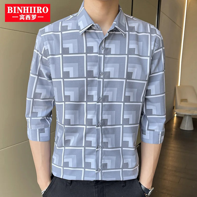 

BINHIIRO Spring Men's Shirts Plaid Print Seventh Sleeve Shirts Summer New Fashion Thin Breathable Standard-fit Casual Shirt Male