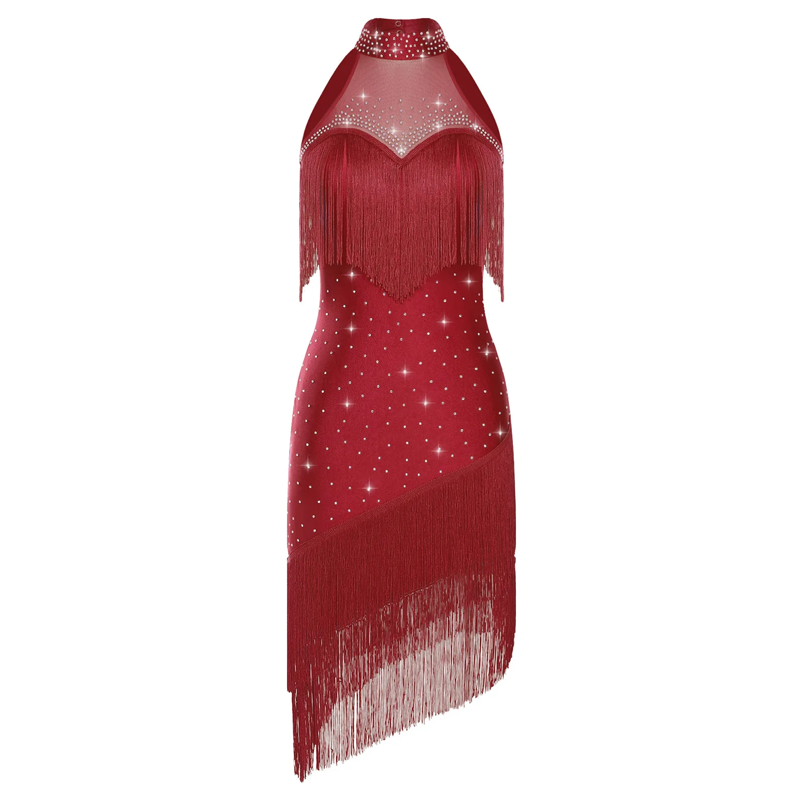 

Women’s Stunning Fringe Latin Salsa Dress Rhinestone Embellished Sleeveless Tango Latin Dance Costume for Dance Classes Training