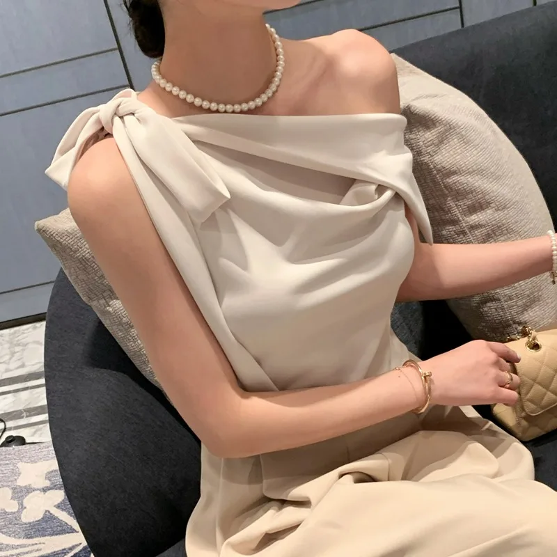 Women's Off-Shoulder Blouse with Bow Detail Elegant Draped Silky Top Pearl Accent Luxury Look Special