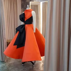 Orange Satin Prom Dresses Modern Style Bow Pleat Evening Dresses Draped Fashion Tea-Length Formal Wedding Party Dresses