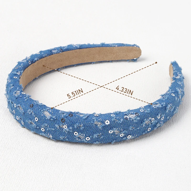 Fashionable Denim Fabric Sponge Headband for Women Retro Distressed Sequined Hairband Simple and Versatile Hair Accessories