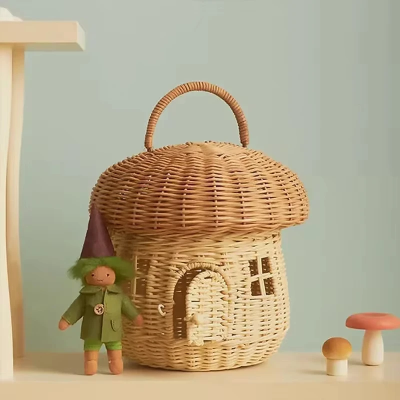 Mushroom Basket Bag Rattan Storage Wicker Kids Handbag Ventilate Box Picnic Sundries Organizer Basket Hand Woven Storage Baskets