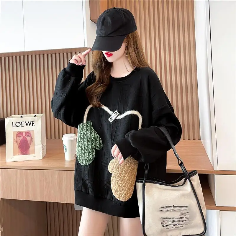 Hot 2026 New Women Spring Autumn Plus Size Fashion Western Style Hoodie Sweet Cute Round Neck Casual Loose Jacquard Tops T Shirt