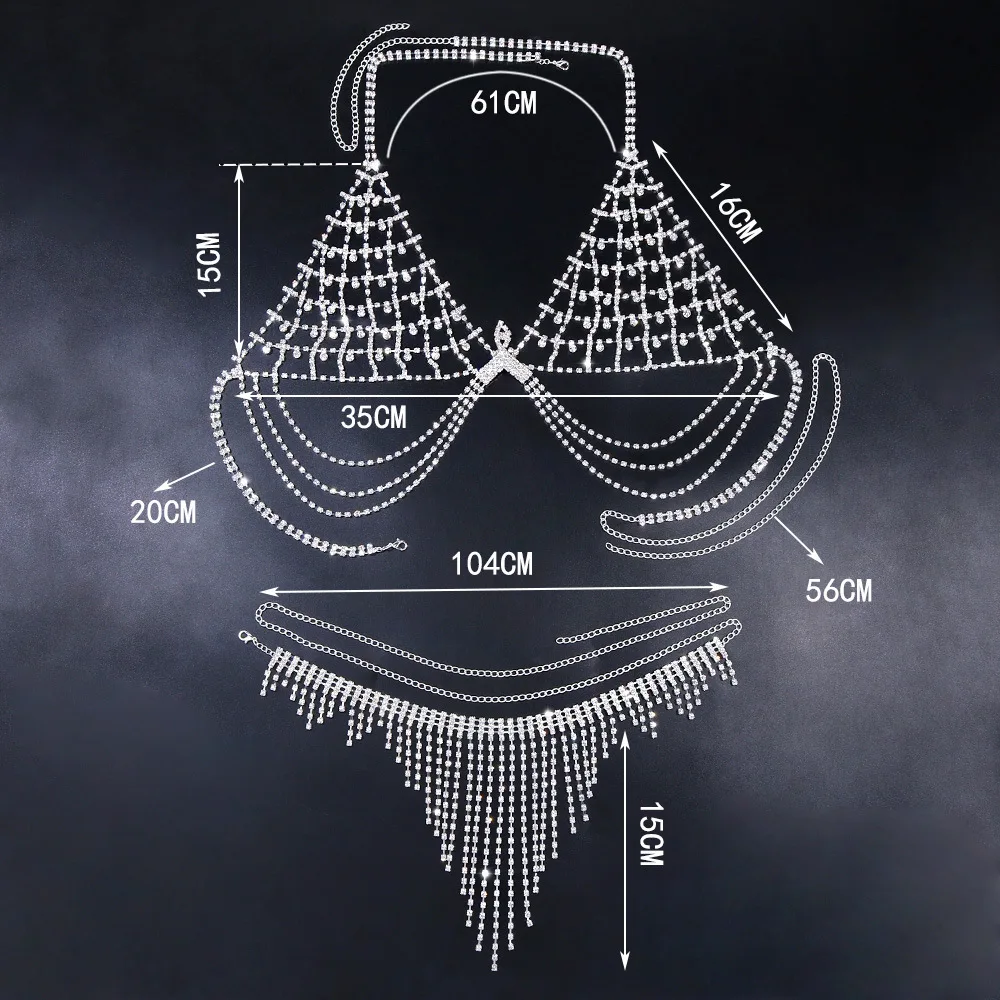 여성용 섹시한 라인스톤 브라 및 티팬티 세트, 비키니, 나이트 클럽, 무도회 바디 체인, 메쉬 브라, 술 속옷, 할로우 쥬얼리