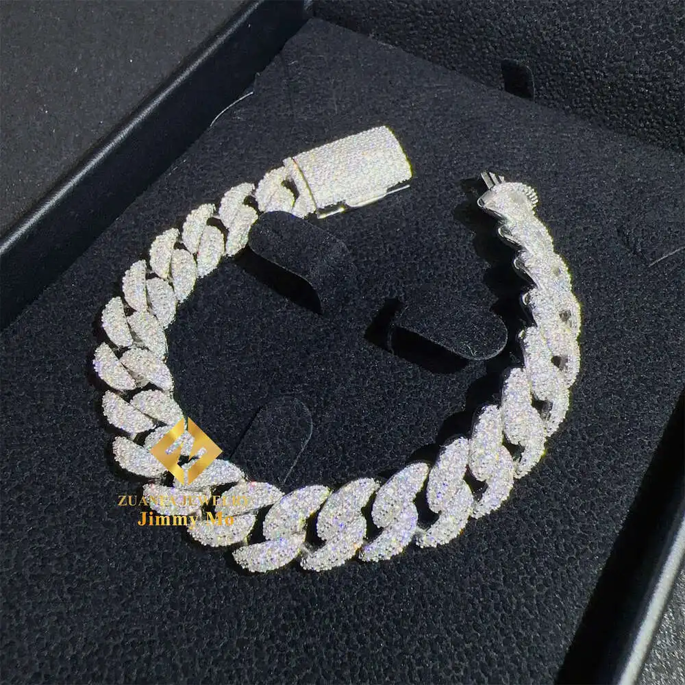 

12mm Width Factory Price 925 Sterling Silver White Gold Plated 5a Zircon Stone Iced Out Hip Hop Cuban Link Bracelet