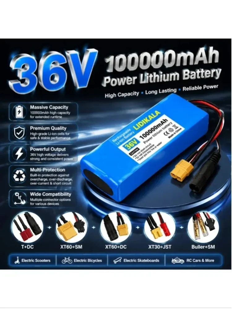 36V 100000mAh Wiederaufladbarer Lithium-Akku für Elektroroller und E-Bikes mit BMS, mehreren Anschlüssen XT60, XT30, T+DC