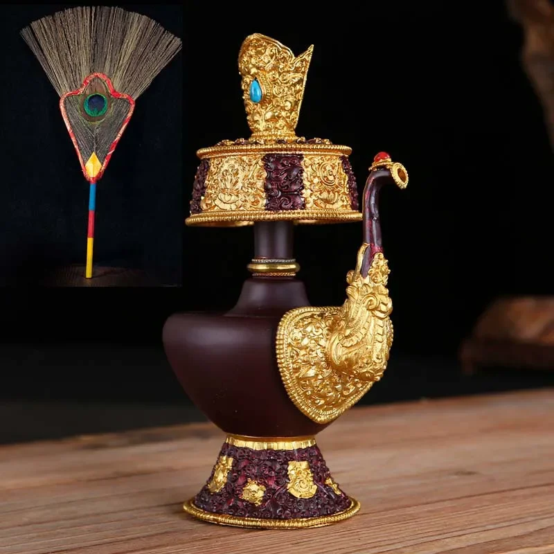 Wholesale Buddhist supplies Asia Temple HOME worshipping Nepal gilding Pemba Pot + peacock fan Auspicious of Buddhism