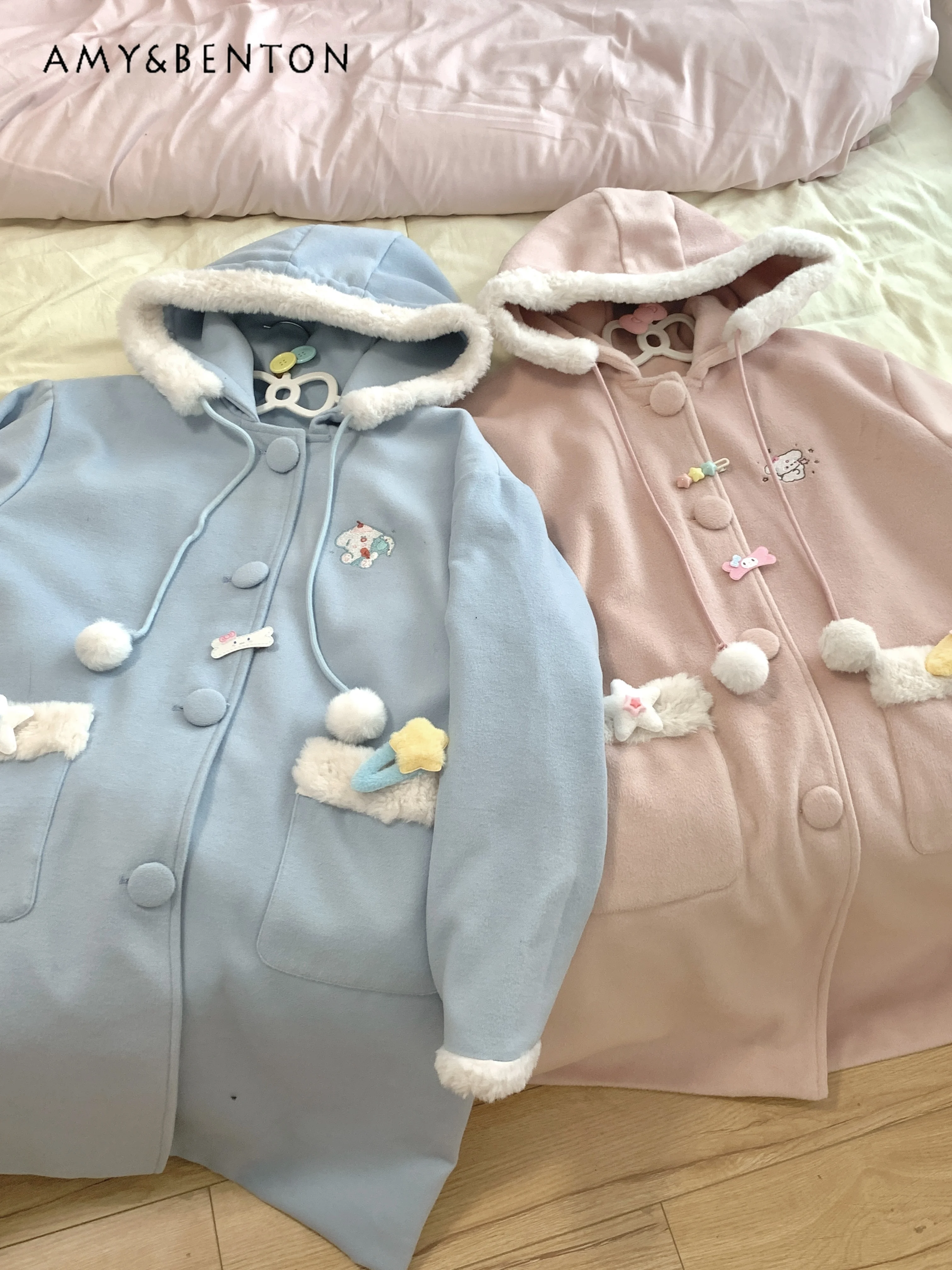 Sweet Girl Cute Fur Ball Cartoon Embroidery Hooded Wool Coat Autumn Winter New Preppy Style Kawaii Loose All-Match Midi Coats