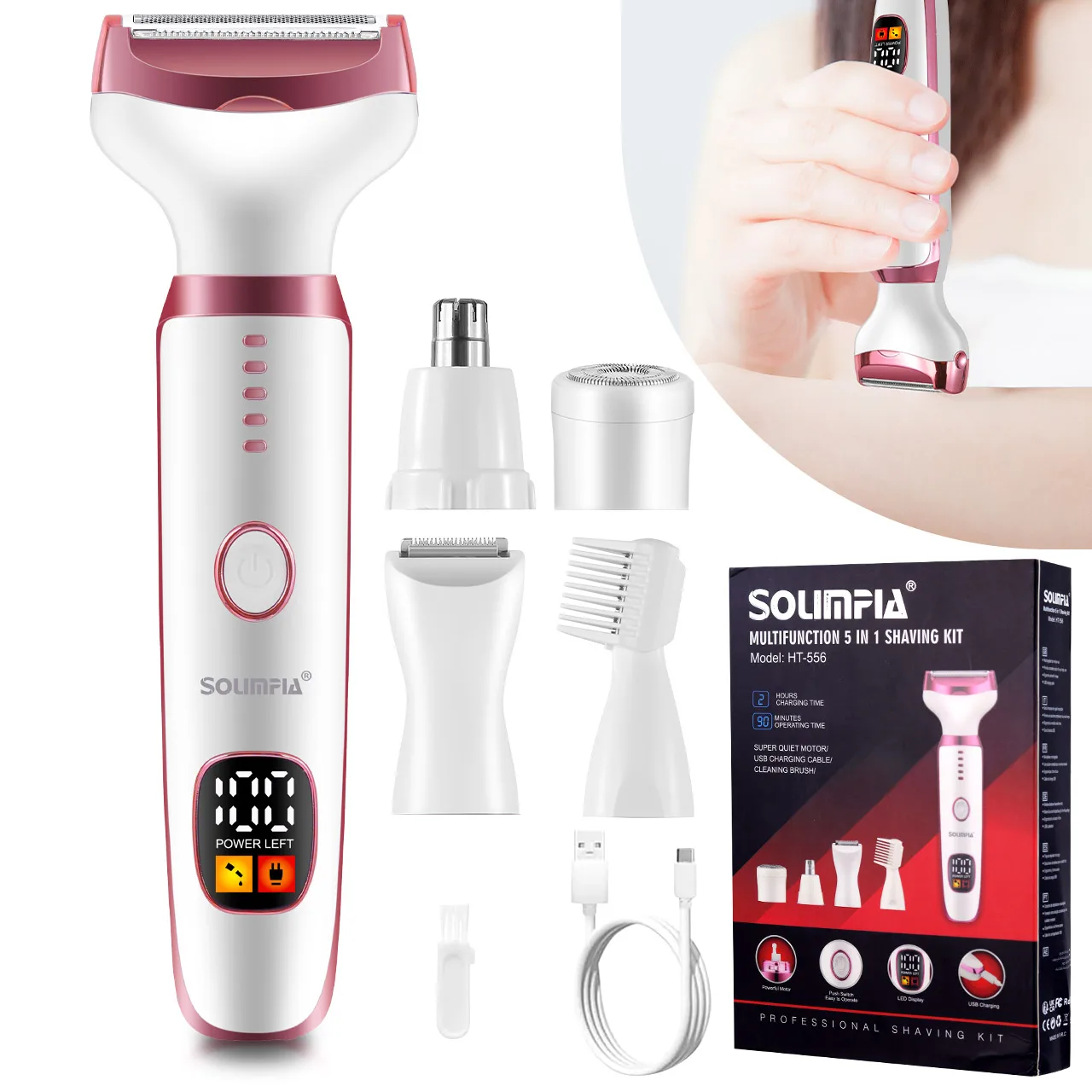 SOLIMPIA 4in1 Electric Epilator Portable Hair Trimmer for Women Underarms Bikini Arms Legs Face Beard Painless Hair Removal Tool