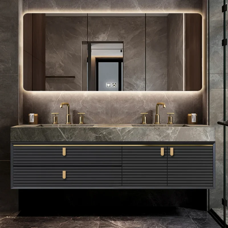 Light luxury bathroom cabinet combination bathroom solid wood wash face double basin rock slab integrated wash table