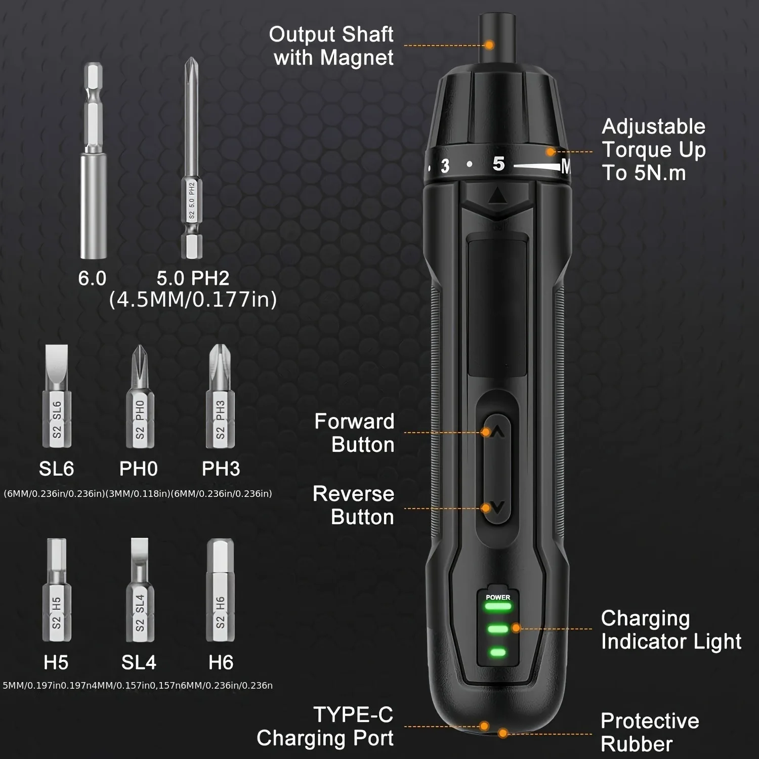 Electric Screwdriver 350 RPM 3.6V, 5 Torque 5N.m 2000mAh Cordless Screwdriver Set TYPE-C Charging Cable Manual Electric