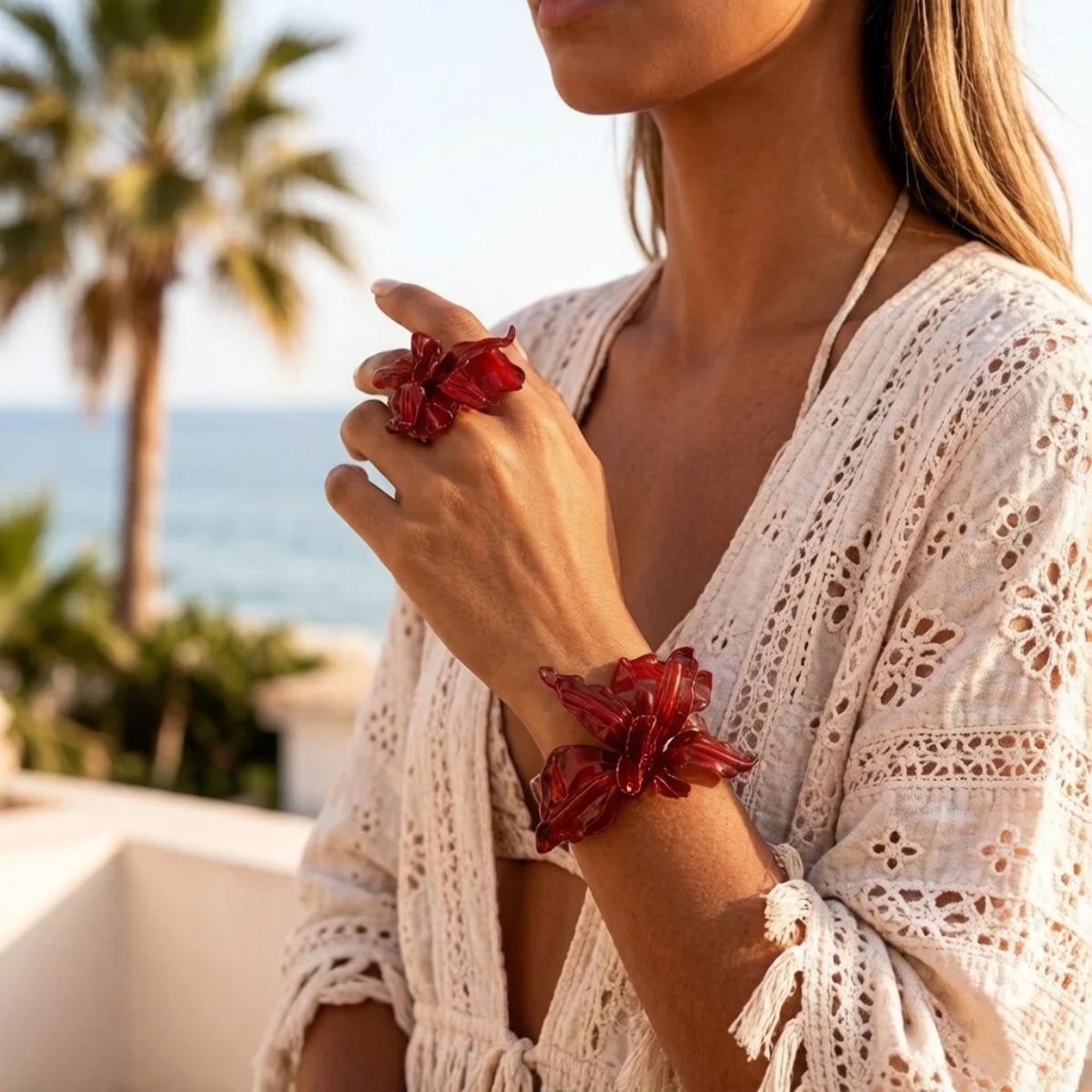 Übertrieben rotes, unregelmäßiges Blütenblatt-Armband-Ring-Set für Damen und Herren, Vintage, elegant, floral, modisch, Sommer-Schmuckset – Detail 5
