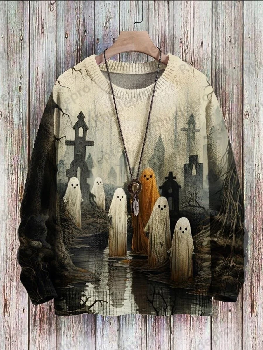 Halloween Cute Ghost Swing Retro Art Pattern 3D Printed Men's Knitted Pullover Winter Unisex Casual Knit Pullover Sweater