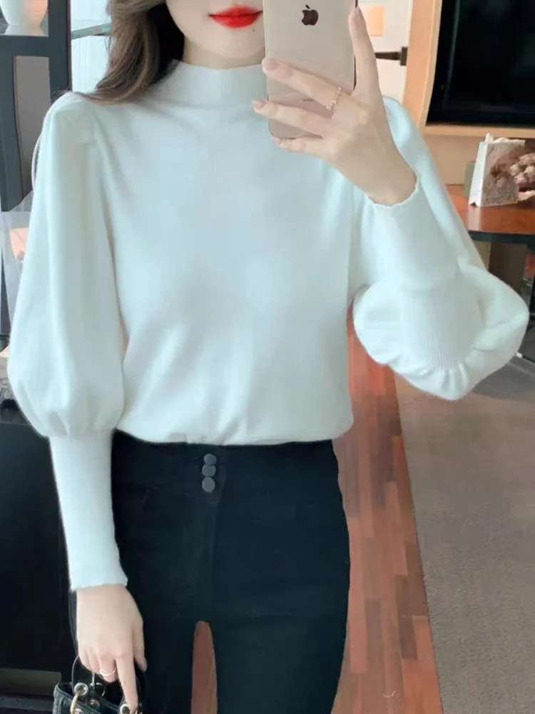 

Трикотажный свитер с полувысоким воротником, женская одежда, модный джемпер с пышными рукавами, темпераментный джемпер, женские вязаные пуловеры, Ropa Mujer