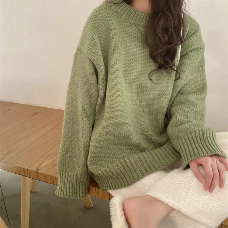 Basic Solid Knitted Pullovers Women New Winter All-match Loose Students Sweet Casual Simple Streetwear Vintage Cozy Harajuku Y2k