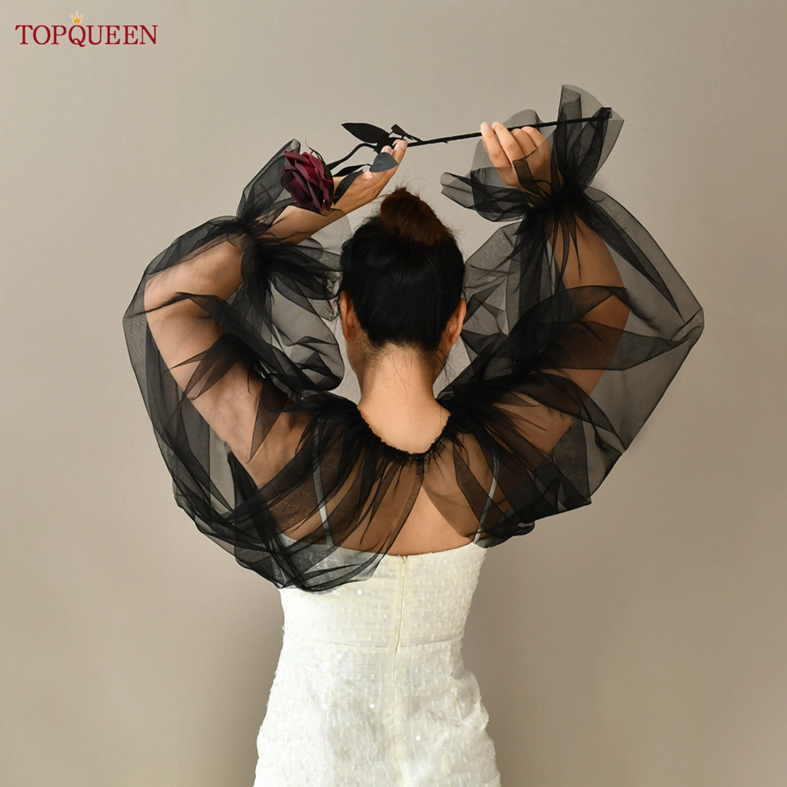 

TOPQUEEN Vg121 женские черные тюлевые перчатки-шали, эластичный регулируемый укороченный топ, подходит для аксессуаров для платья, настраиваемых