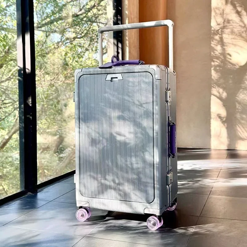 Front Opening Trolley Suitcase, Aluminum Frame Wide Handle Luggage, Equipped with Upgraded Silent Spinner Wheels, USB Charging