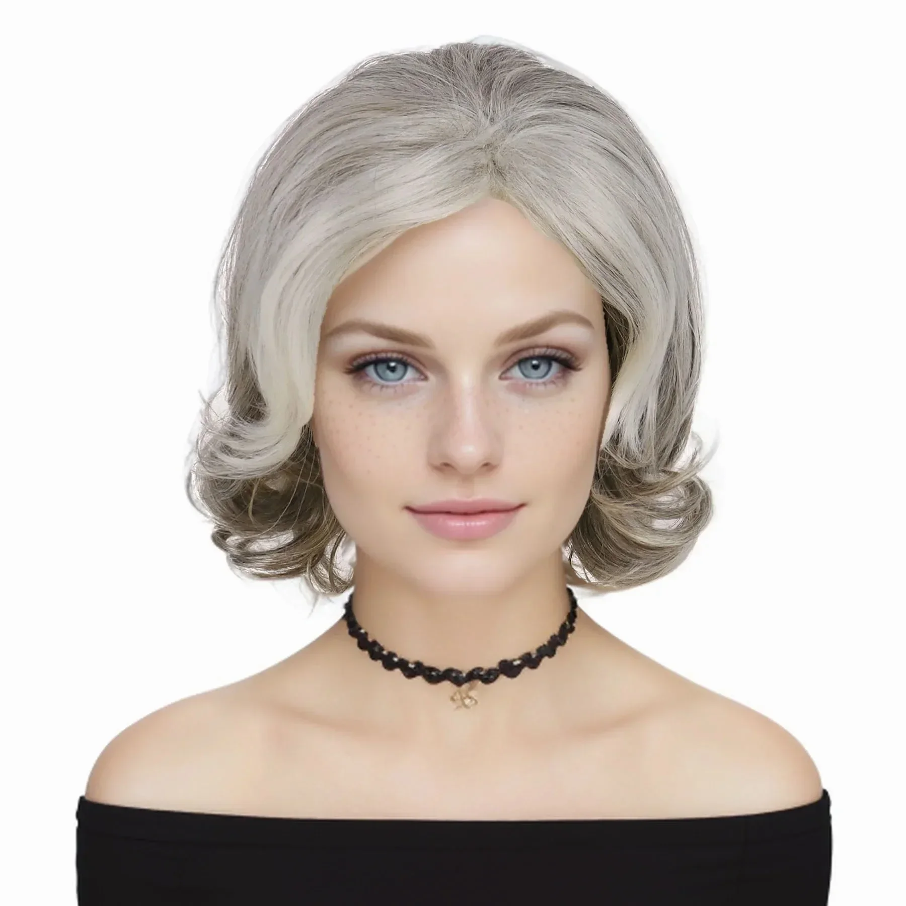 GNIMEGIL Synthetic Gray White Wigs for Women Short Curly Hair Mix Grey Color Frizzy Design on Top Realistic Older Granny Wigs