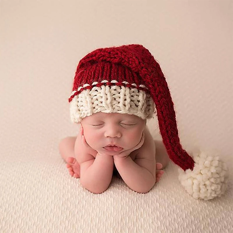 

Vintage Christmas Baby Yarn Ball Sleeping Hat Red and White 0-3 Months Newborn Crochet Elf Hat Baby Christmas Gift
