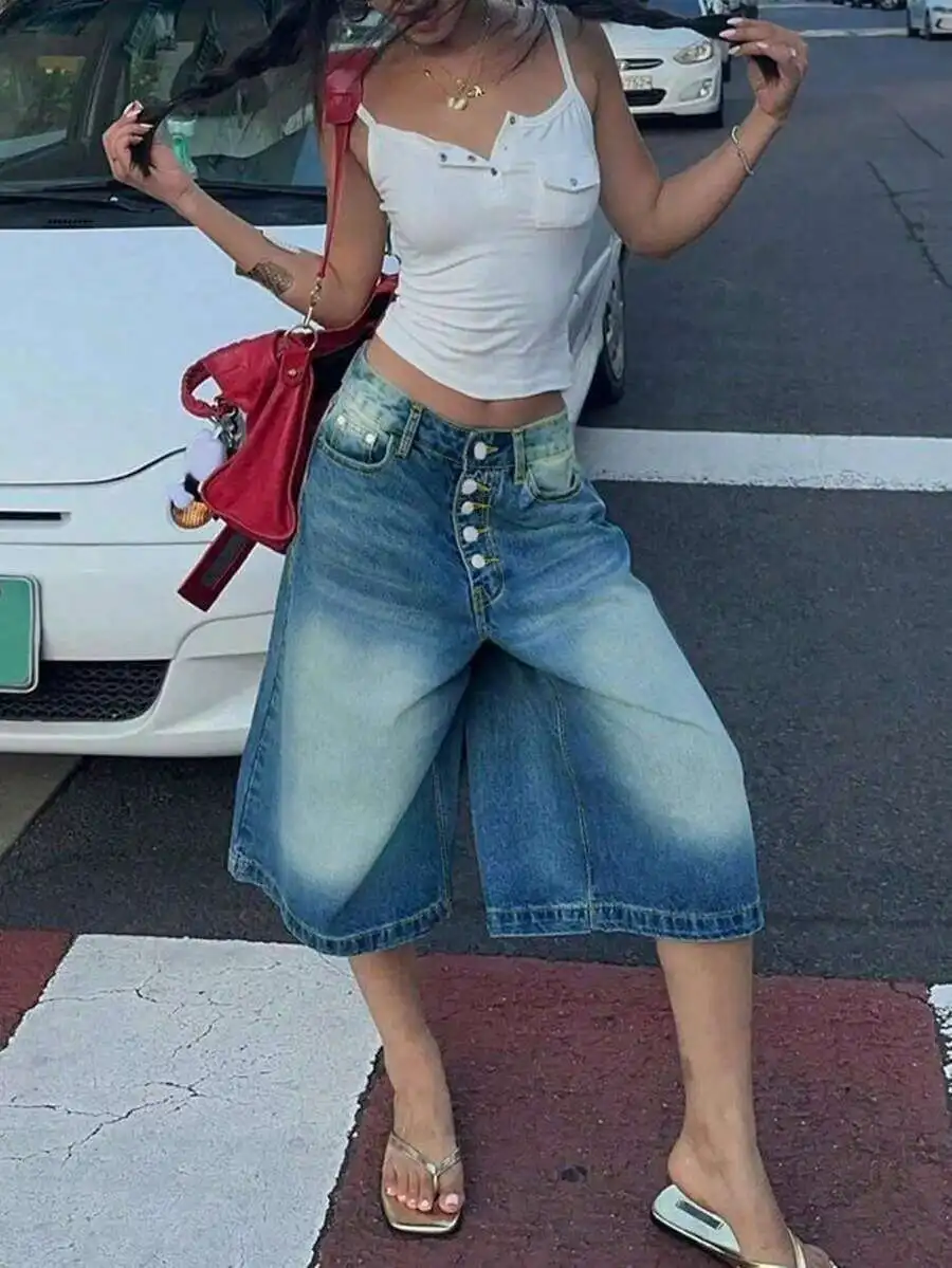 

Retro Blue Multi-Button Cropped Denim Capri Pants Loose Boyfriend Style Summer