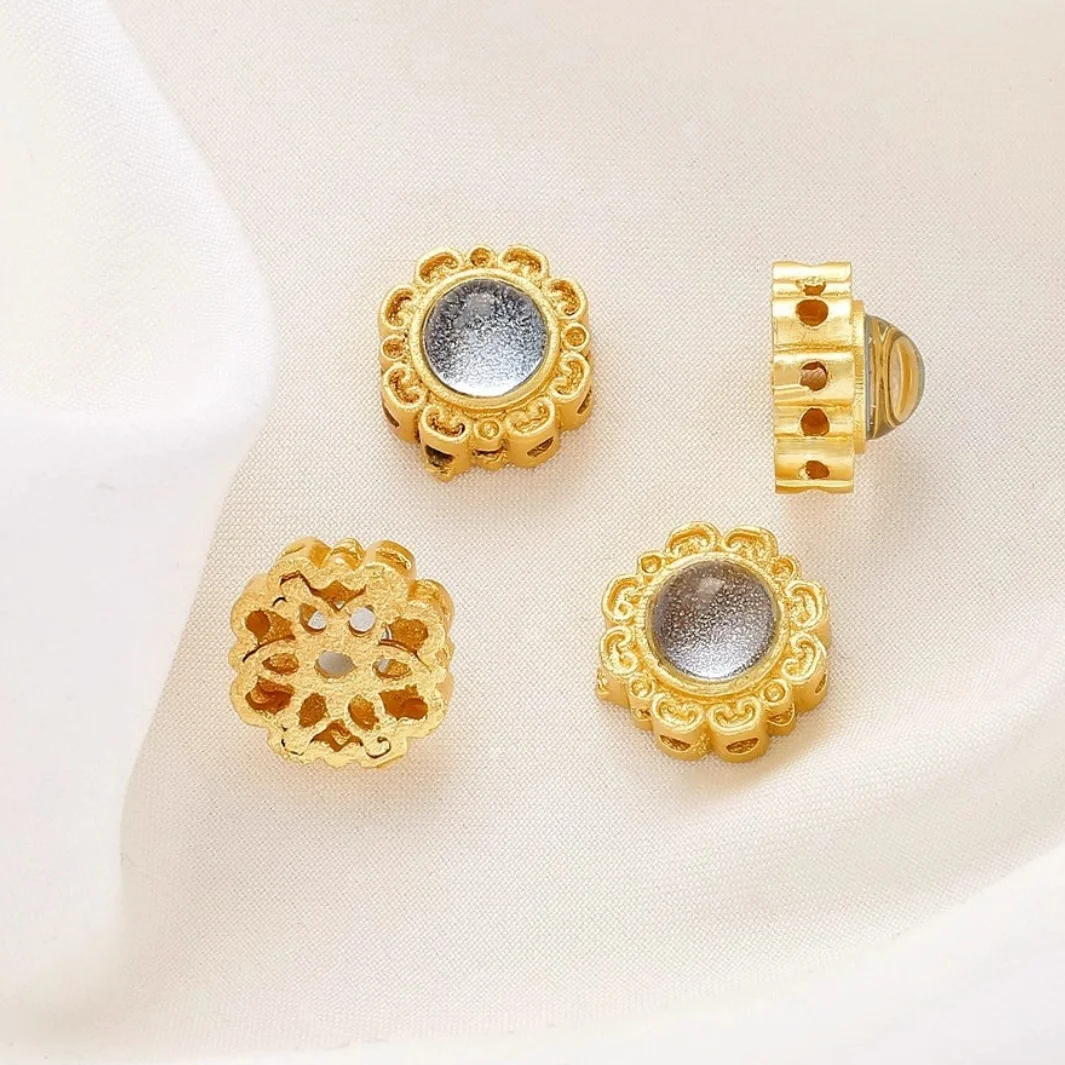 5 Copper Inlaid Round Aquamarine Tourmaline Strawberry Crystal Red Stone Floral Hollow Beads DIY Jewelry Loose Bead Accessories