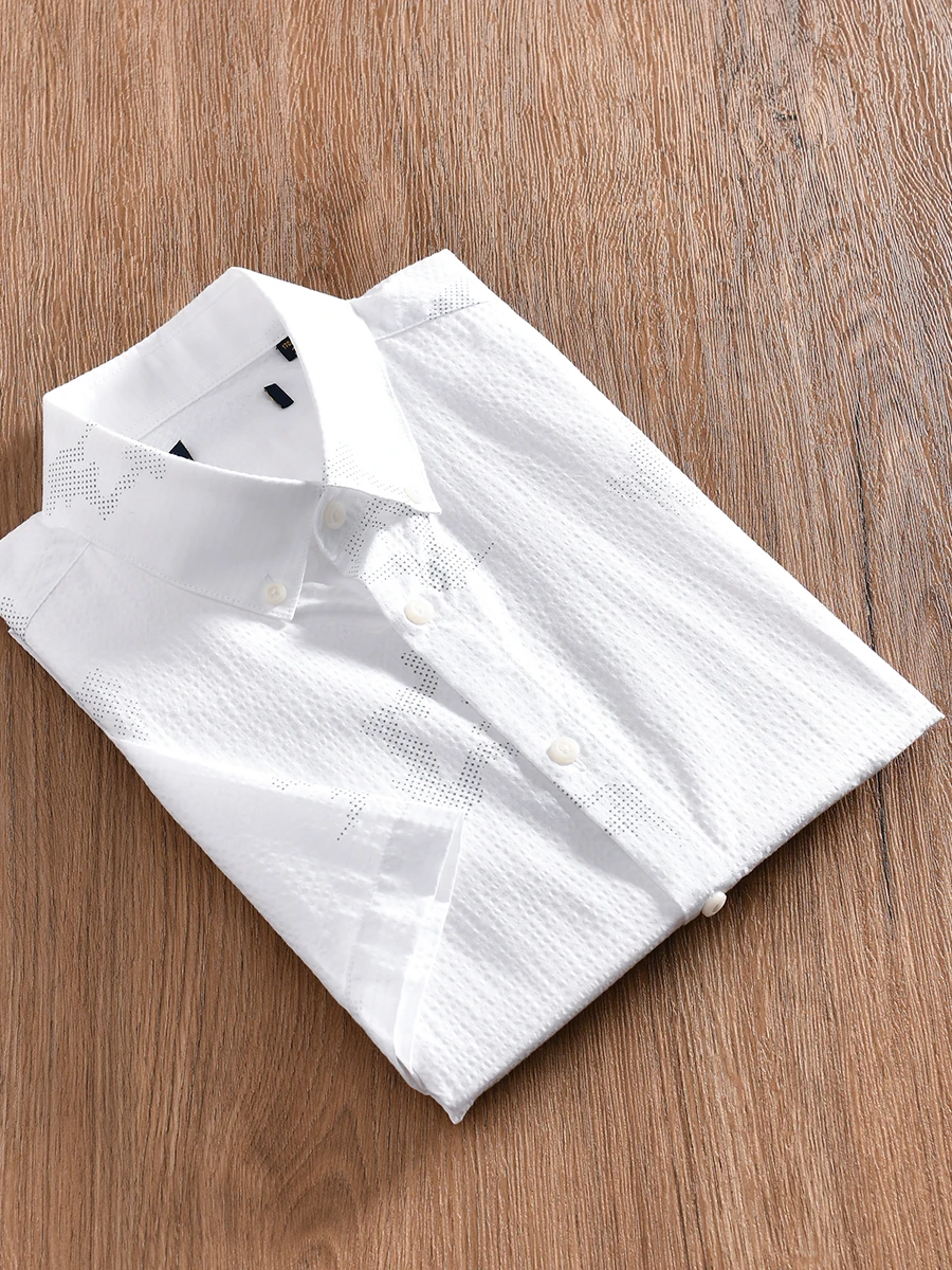 

Men's Summer Fashionable Printed Breathable Cotton Bubble Shirt Short Sleeve Standard Fit Youth Trend Casual Shirt