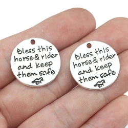 20 pcs/Lot 22mm Antique Silver color letter printed bless this horse rider and keep them safe message charm for jewelry making