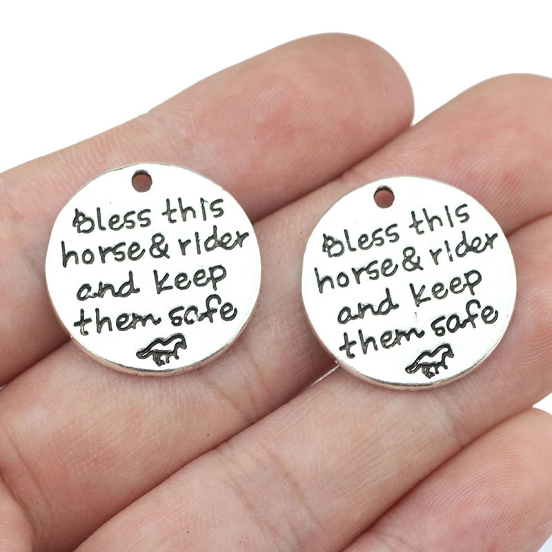 20 pcs/Lot 22mm Antique Silver color letter printed bless this horse rider and keep them safe message charm for jewelry making