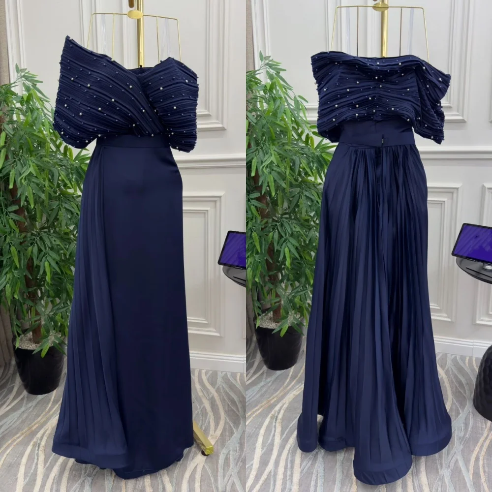 

Customized Modern Style Pleat Pearl Straight Off-the-shoulder Long Dresses Homecoming Dresses High Quality