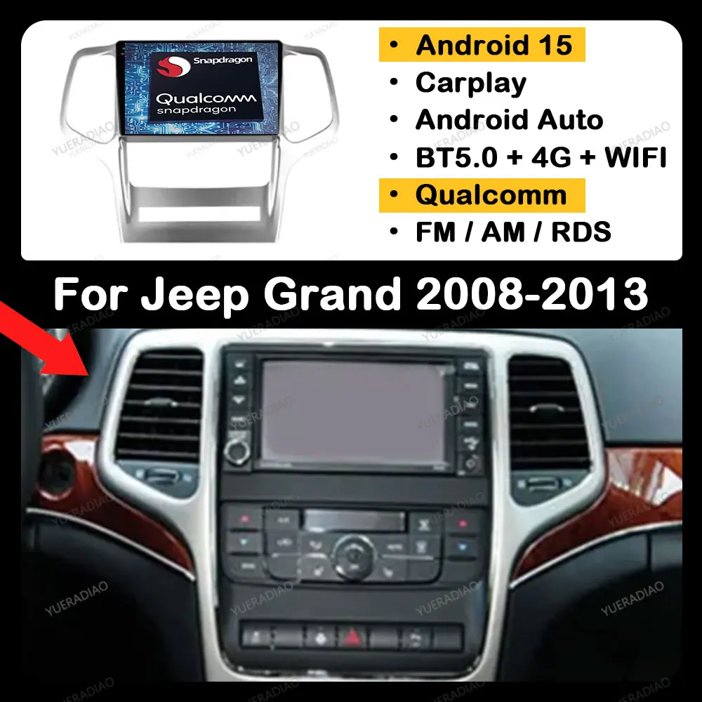 Android 15 Car Radio For Jeep Grand Cherokee WK2 2008 - 2013 GPS NAVI Multimedia Stereo Video Player Head Unit 4G LTE 5G WIFI BT