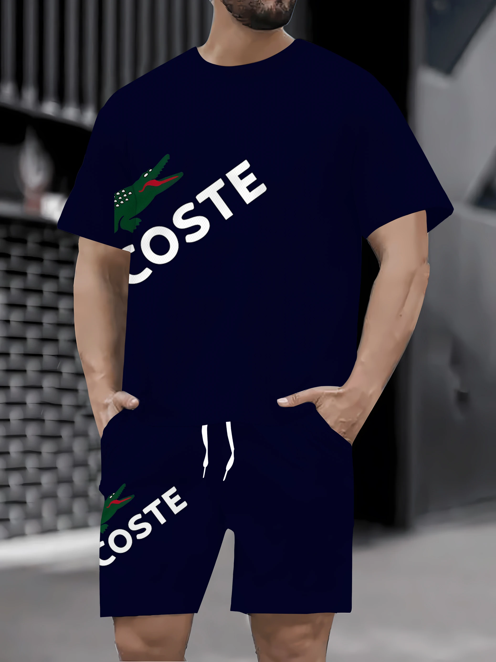 

2025 летний новый мужской комплект футболок, повседневная модная свободная футболка с круглым вырезом и короткими рукавами с принтом + шорты