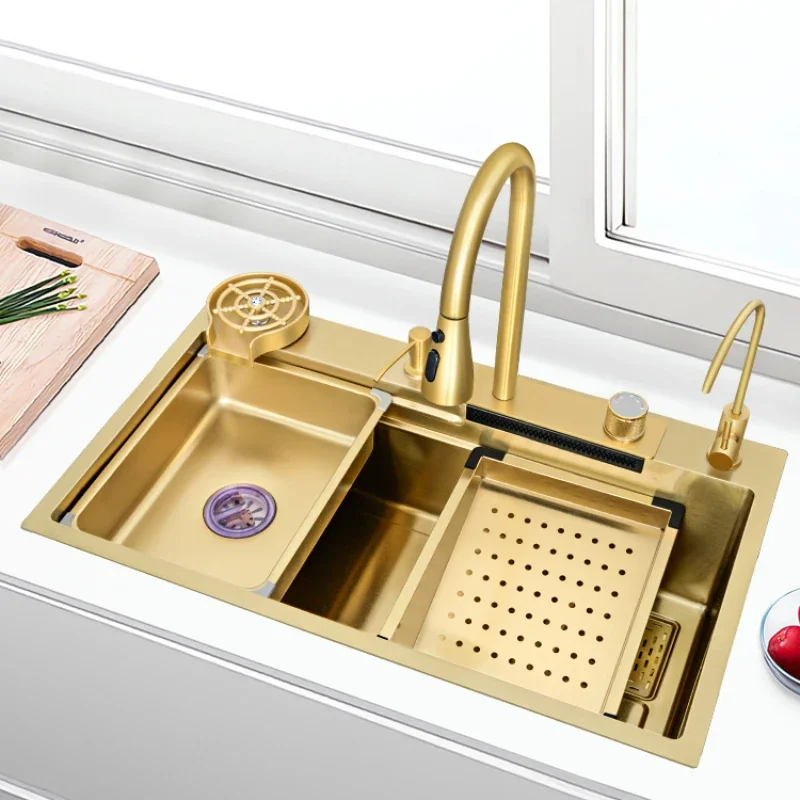 

Gold 304 stainless steel raindance waterfall sink sink Medium and lower basin kitchen sink thickened