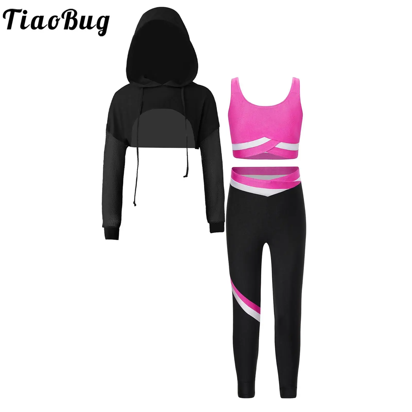 

Kids Girls Sportswear Figure Skating Gymnastics Yoga Dancewear Long Sleeve Cropped Hoodie Top with Vest Leggings for Gym Workout