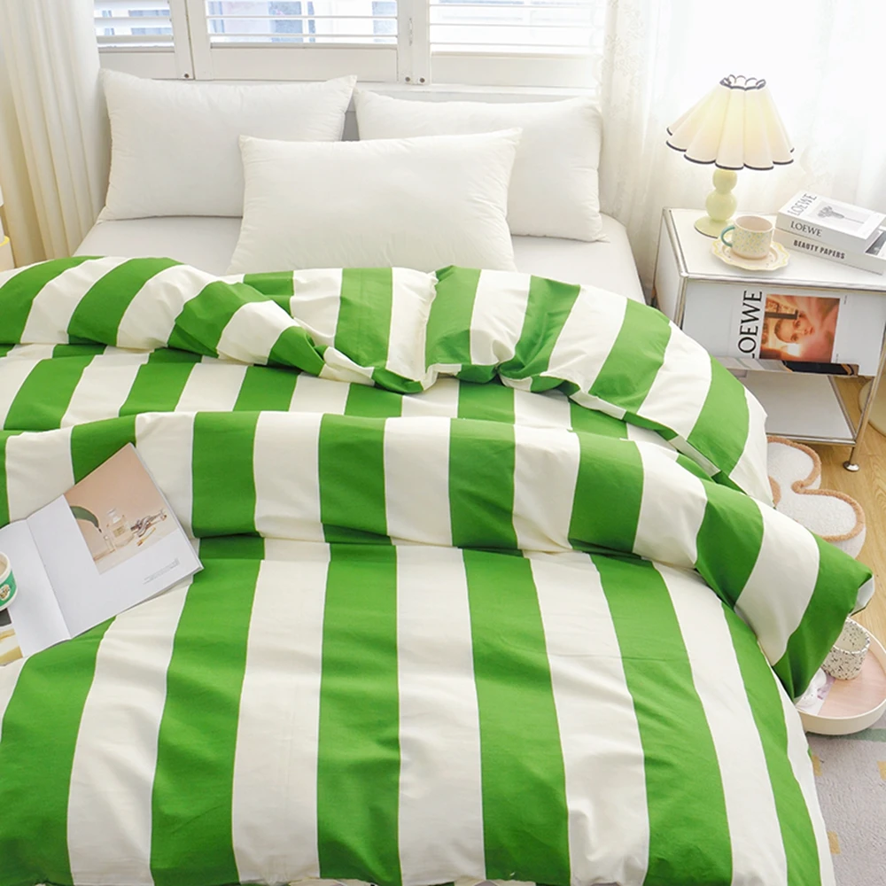 1pc Duvet Cover 100% Cotton Comforter Cover Green Stripes Style Bedding Quilt Cover Girls Room Blanket Covers (No Pillowcase)