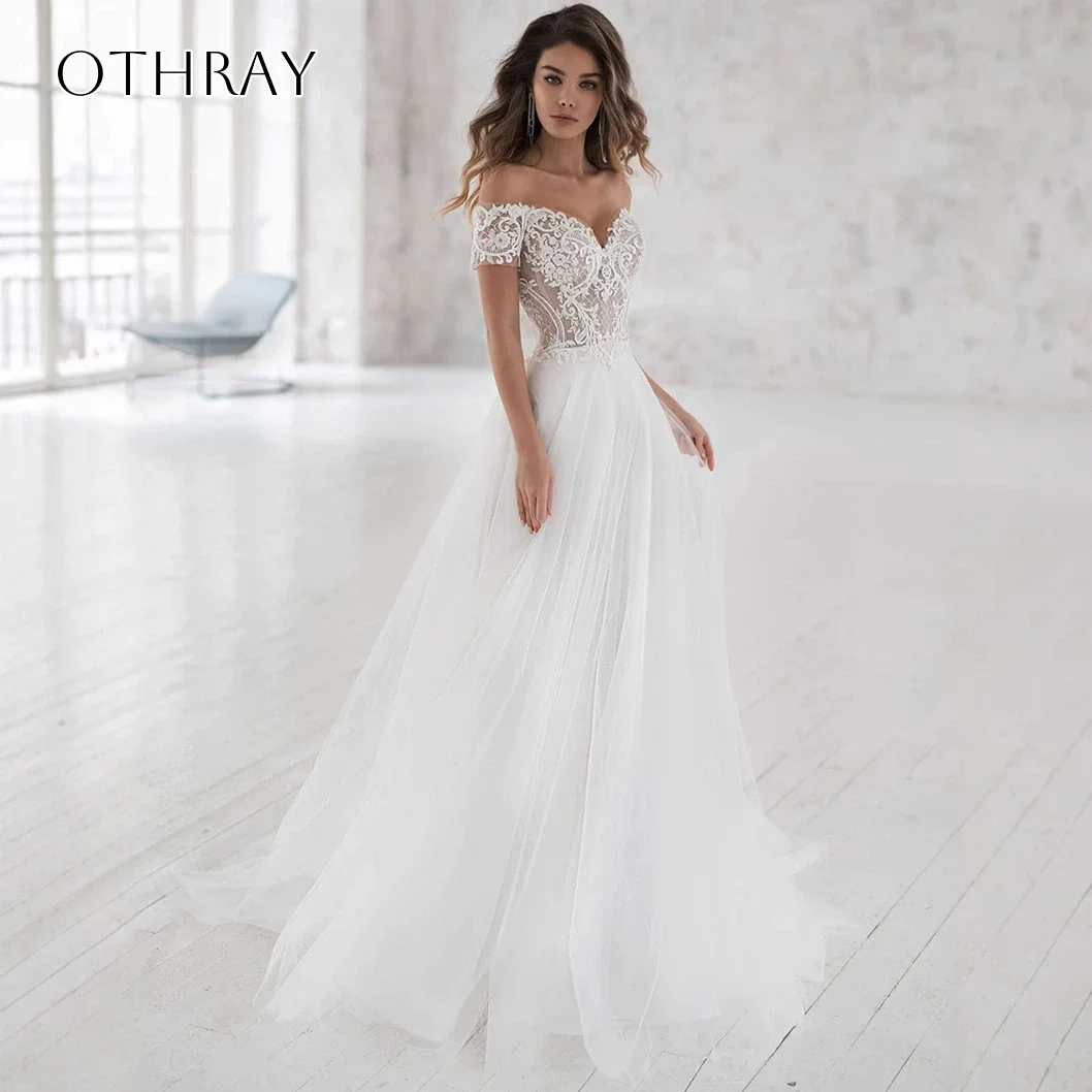 Off Shoulder Appliques A-line Bridal Wedding Gowns Buttons Tulle Sweep Train Customized свадебное платье