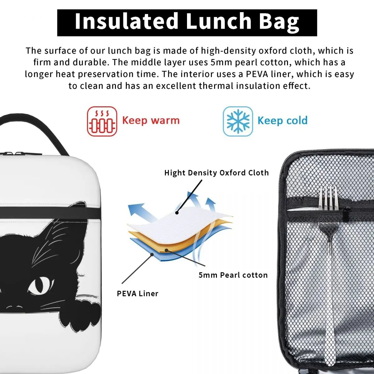 Black Cat Animal Theme Insulated Lunch Bag for Women Children Leakproof Food Boxes Thermal Lunch Box Tote