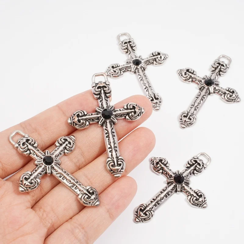 2Pcs Gothic Silver Decoration with Black Diamond Retro Relief Baroque Cross Pendant Jewelry Necklace Earrings Making Accessories