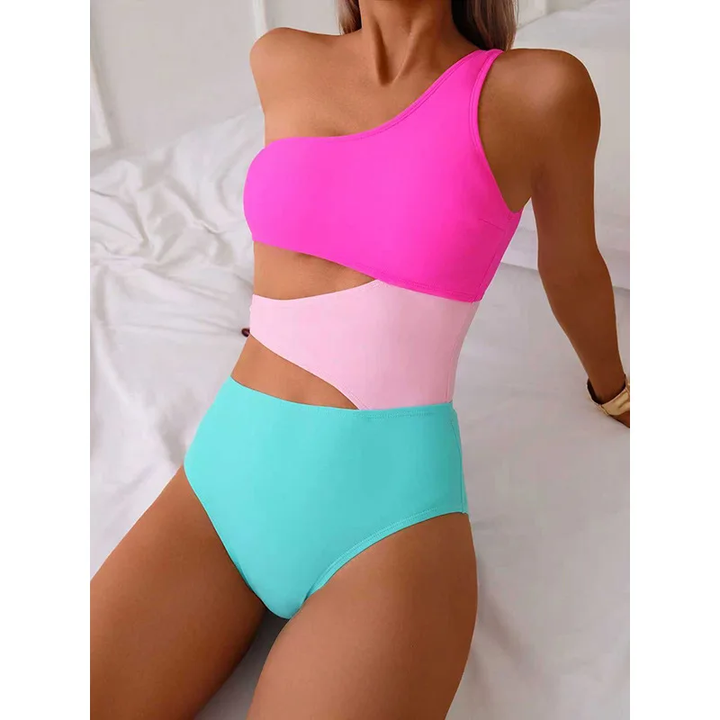 

2025 New Fashion One-shoulder Color Matching One-piece Swimsuit Women's Slim Beach Bikini Hot Spring Swimsuit Bathing Suit